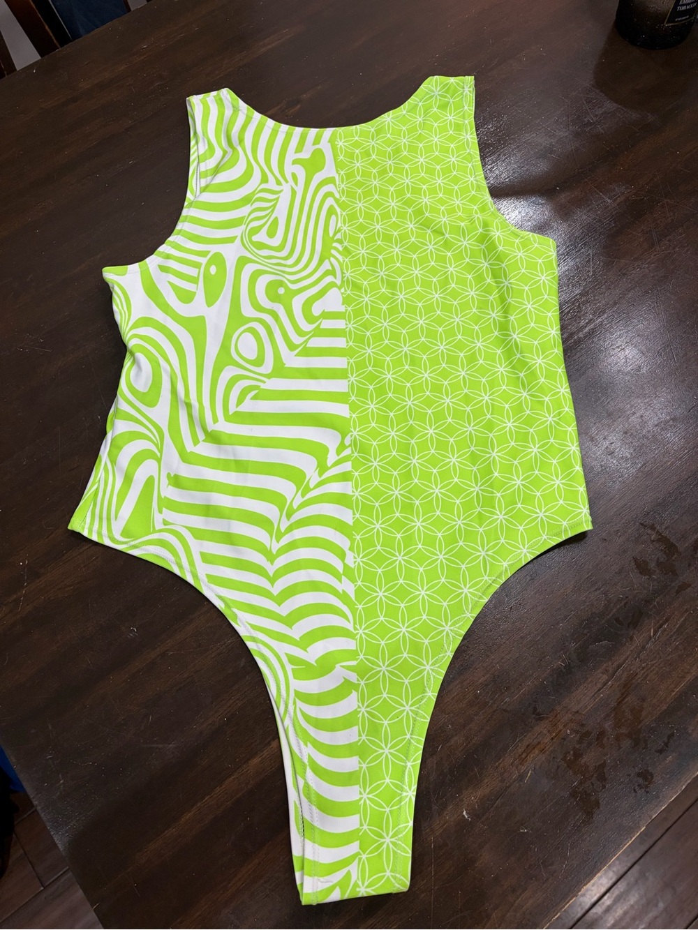 Women’s Lime Green Patterned One-Piece Bodysuit/Swimsuit